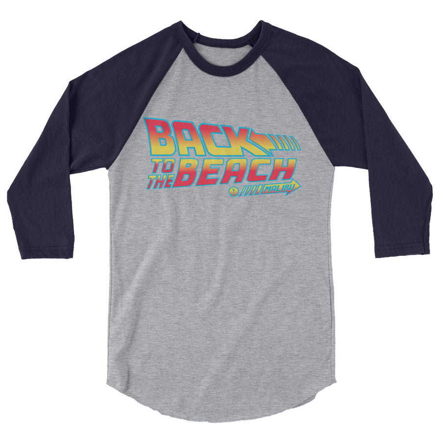 Back to the Future 80s movie inspired mens Graphic 3/4 sleeve baseball tee "Back To The Beach" (Heather Denim/Navy) by BEN HOGESTYN MALIBU