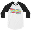 Back to the Future 80s movie inspired mens Graphic 3/4 sleeve baseball tee "Back To The Beach" (White/Black) by BEN HOGESTYN MALIBU