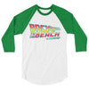 Back to the Future 80s movie inspired mens Graphic 3/4 sleeve baseball tee "Back To The Beach" (White/Kelly Green) by BEN HOGESTYN MALIBU