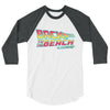 Back to the Future 80s movie inspired Graphic 3/4 sleeve baseball tee "Back To The Beach" (White/Heather Charcoal) by BEN HOGESTYN MALIBU