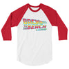 Back to the Future 80s movie inspired mens Graphic 3/4 sleeve baseball tee "Back To The Beach" (White/Red) by BEN HOGESTYN MALIBU