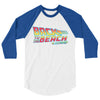 Back to the Future 80s movie inspired mens Graphic 3/4 sleeve baseball tee "Back To The Beach" (White/Blue) by BEN HOGESTYN MALIBU
