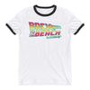 Back to the Future Inspired Graphic Ringer T-Shirt "Back To The Beach" (White/Black) by BEN HOGESTYN MALIBU