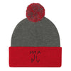 Malibu Hieroglyphics Embroidered Pom Pom Beanie Hat by BEN HOGESTYN MALIBU Dark Heather/Red