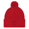 Malibu Hieroglyphics Embroidered Pom Pom Beanie Hat by BEN HOGESTYN MALIBU Red