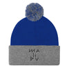 Malibu Hieroglyphics Embroidered Pom Pom Beanie Hat by BEN HOGESTYN MALIBU Royal Blue/Heather Grey
