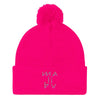 Malibu Hieroglyphics Embroidered Pom Pom Beanie Hat by BEN HOGESTYN MALIBU (Grey-Thread) Neon Pink