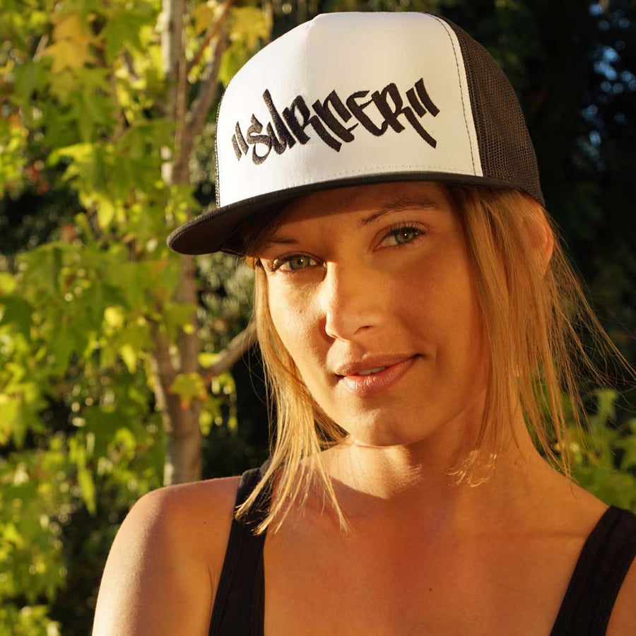 "Malibu SURFER Graffiti" Snapback Trucker Hat Embroidered Flat Bill By BEN HOGESTYN MALIBU Ocean View Black/White/Black